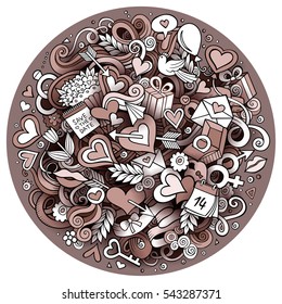 Cartoon vector hand drawn Doodle Love round illustration. Sepia detailed design background with objects and symbols. All objects are separated