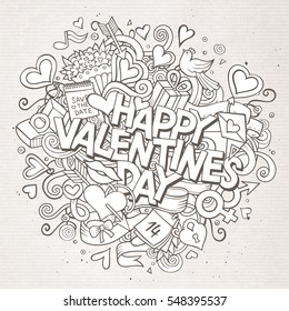 Cartoon Vector Hand Drawn Doodle Happy Valentines Day Illustration. Line Art Detailed Design Background With Objects And Symbols