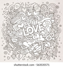 Cartoon vector hand drawn Doodle Love illustration. Line art detailed design background with objects and symbols 
