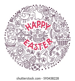Cartoon vector hand drawn Doodle Happy Easter illustration. Line art detailed design background with objects and symbols. All objects are separated