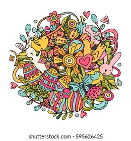 Cartoon vector hand drawn Doodle Happy Easter illustration. Line art detailed design background with objects and symbols. All objects are separated