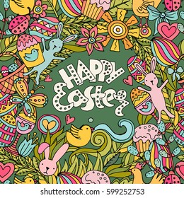 Cartoon vector hand drawn Doodle Happy Easter illustration. Line art detailed design background with objects and symbols. All objects are separated