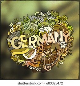 Cartoon vector hand drawn Doodle Germany word illustration. Colorful detailed, with lots of objects funny vector artwork. Blurred photo background
