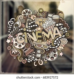Cartoon vector hand drawn Doodle Cinema word illustration. Colorful detailed, with lots of objects funny vector artwork. Blurred photo background