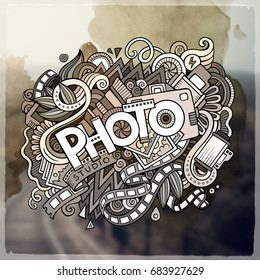 Cartoon vector hand drawn Doodle Photo word illustration. Colorful detailed, with lots of objects funny vector artwork. Blurred background