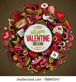 Cartoon vector hand drawn Doodle Happy Valentine's Day illustration. Colorful detailed design background with objects and symbols. All objects are separated