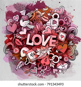Cartoon vector hand drawn Doodle Love illustration. Line art watercolor design background with objects and symbols.