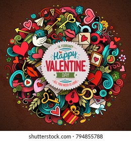 Cartoon vector hand drawn Doodle Happy Valentine's Day illustration. Colorful detailed design background with objects and symbols. All objects are separated