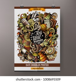 Cartoon vector hand drawn doodles Cafe poster template. Very detailed, with lots of objects illustration. Corporate identity design. All items are separate