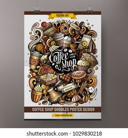 Cartoon vector hand drawn doodles Coffee poster template. Very detailed, with lots of objects illustration. Corporate identity design. All items are separate
