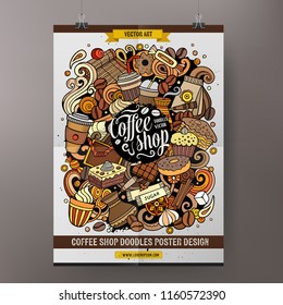 Cartoon vector hand drawn doodles Coffee poster template. Very detailed, with lots of objects illustration. Corporate identity design. All items are separate