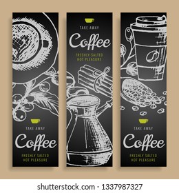 Cartoon vector hand drawn doodles coffee corporate identity. Vertical banners menu cafe design. Coffee cup templates set.