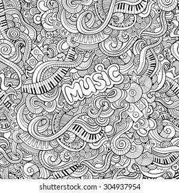 Cartoon vector hand drawn Doodles on the subject of music seamless pattern. Sketchy background