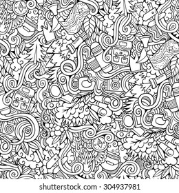 Cartoon vector hand drawn Doodles on the subject of camping seamless pattern. Sketchy background