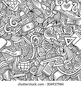 Cartoon vector hand drawn Doodles on the subject of school and education seamless pattern. Sketchy background