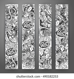 Cartoon vector hand drawn doodles internet corporate identity. 4 vertical banners design. Templates set