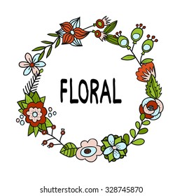 Cartoon vector hand drawn floral frame. For invitation, save the date, greeting card, poster and other print.