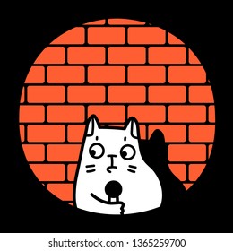 A Cartoon Vector Hand Drawn Illustration Of A Cat With A Microphone In A Spotlight Against The Red Brick Wall Performing Standup Comedy Or Karaoke Singing