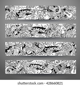 Cartoon vector hand drawn line art camping doodle corporate identity. 4 Horizontal banners design. Templates set