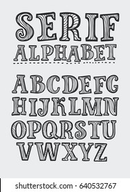 Cartoon vector hand drawn outline decorative uppercase font. Black and white typface