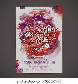 Cartoon vector hand drawn paint party poster. Doodle Love illustration. Line art watercolor design background with objects and symbols. 