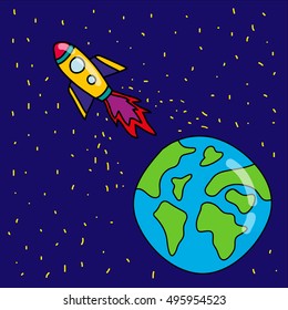 Cartoon vector hand drawn rocket in space