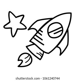 Cartoon vector hand drawn space rocket icon with star