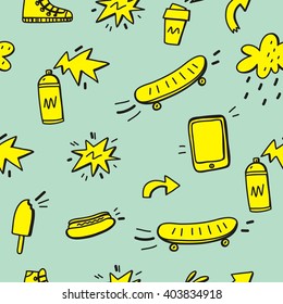 Cartoon vector hand drawn urban. Seamless pattern