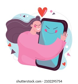 Cartoon vector hand drawn woman hugs her smartphone as a partner with hearts around. Illustration for web and application design,
print design, postcards, t-shirts, posters for valentine's day.