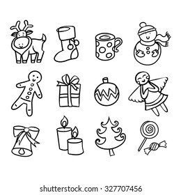 Cartoon vector hand drawn Xmas kit. Perfect for design postcard, poster, banner, print, greeting card and invitation.