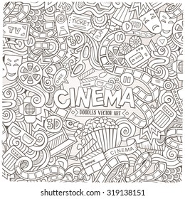 Cartoon vector hand-drawn Cinema Doodle frame. Sketchy design background with movie objects and symbols border.