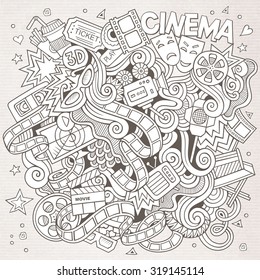 Cartoon vector hand-drawn Cinema Doodle. Sketchy design background with objects and symbols.