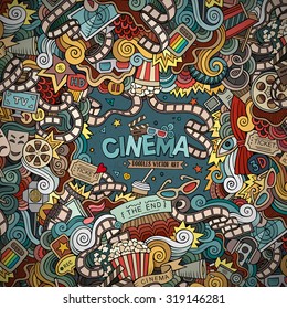 Cartoon vector hand-drawn Cinema Doodle frame. Colorful design background with movie objects and symbols border.