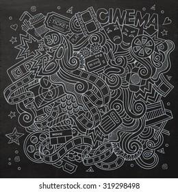 Cartoon vector hand-drawn Cinema Doodle. Chalkboard design background with objects and symbols.