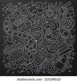 Cartoon vector hand-drawn Cinema Doodle. Chalkboard design background with objects and symbols.