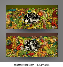 Cartoon vector hand-drawn Doodle Cinco de Mayo cards. Horizontal banners design templates set