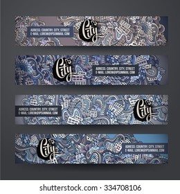 Cartoon vector hand-drawn Doodle city. Horizontal banners design templates set