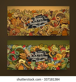 Cartoon vector hand-drawn Doodle Happy Thanksgiving Day cards. Horizontal banners design templates set