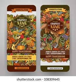 Cartoon vector hand-drawn Doodle Happy Thanksgiving Day cards. Vertical banners design templates set