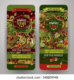 Cartoon vector hand-drawn Doodle Happy New Year cards. Vertical banners design templates set
