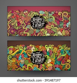 Cartoon vector hand-drawn Doodle Happy Easter cards. Horizontal banners design templates set