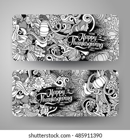 Cartoon vector hand-drawn Doodle Happy Thanksgiving Day cards. 2 horizontal banners design templates set