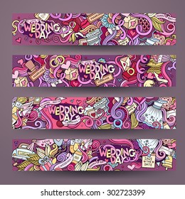 Cartoon vector hand-drawn Doodle on the subject of wedding. Horizontal banners design templates set