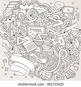 Cartoon vector hand-drawn Doodle on the subject of education. Sketchy design background with school objects and symbols.