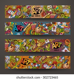 Cartoon Vector Hand-drawn Doodle On The Subject Of Art And Craft. Horizontal Banners Design Templates Set