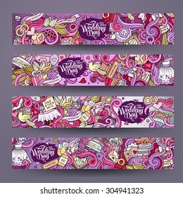 Cartoon vector hand-drawn Doodle on the subject of wedding. Horizontal banners design templates set