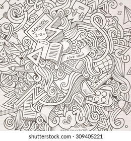 Cartoon vector hand-drawn Doodle on the subject of education. Sketchy design background with school objects and symbols.