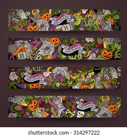 Cartoon vector hand-drawn Doodle on the subject of Halloween. Horizontal banners design templates set