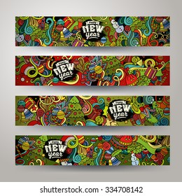 Cartoon vector hand-drawn Doodle on the subject of New Year & Crhristmas. Horizontal banners design templates set