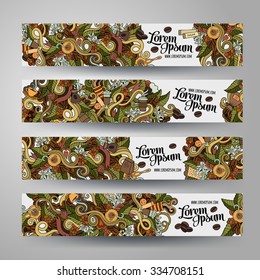 Cartoon vector hand-drawn Doodle on the subject of coffee. Horizontal banners design templates set